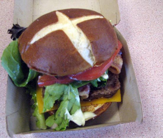 Hot buns: Pretzel buns have been showing up on burgers and hotdogs at area restaurants. The new Wendy’s Pretzel Bacon Cheeseburger is distinguished by a cross mark on the upper bun.