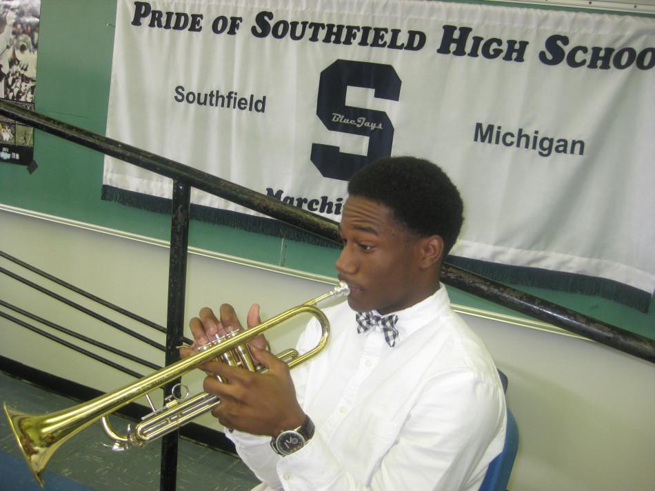 Trump card: Trumpet player Ty-Jai Thompson has been a member of the Marching Blue Jays band for four years. His work paid off in the form of college scholarships. Besides trumpet, he also plays piano, baritone and trombone.