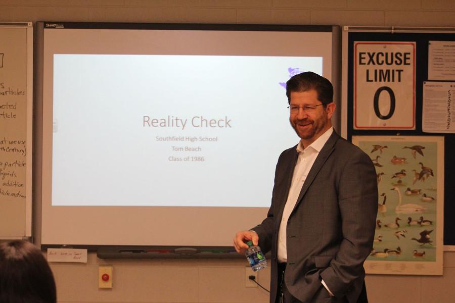 Welcome home: Southfield High alumnus Tom Beach prepared a Power Point presentation of advice for students. He spoke to students of science teacher Craig Bonnington.