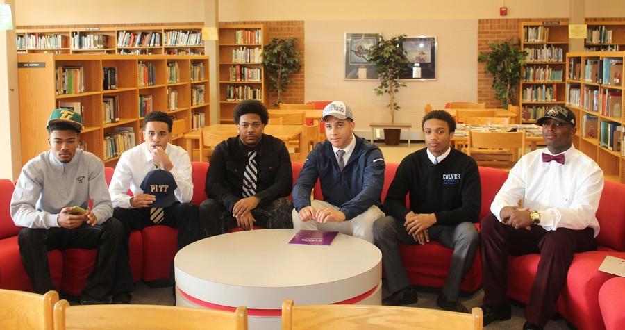 On National Signing Day for high school sports, seven Southfield High School seniors signed  letters of intent  to play college football. They are (from left) Delan Wynn (Tiffin University), Jordan Davison (University of Pittsburgh), Tremaine Cole (Culver-Stockton College), Adrian Springer (University of Mount Union), Joshua Pickens (Culver-Stockton College), and Matt Falcon (Western Michigan University).  Tim Brown, Jr.  also signed with Siena Heights University but was not present at school on Signing Day. 