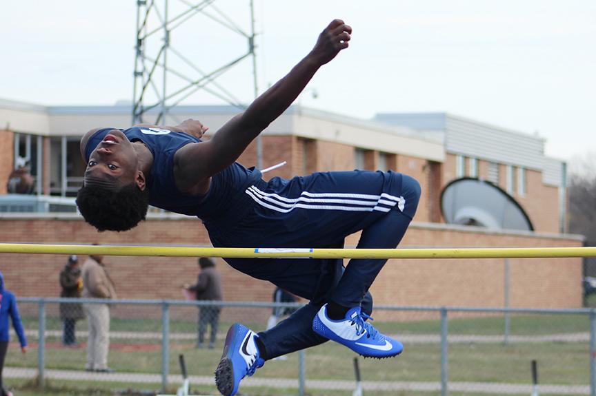 Southfield High junior Marzell Patterson competes in the high jump. In boys track, Southfield High School easily dominated Southfield-Lathrup i their last matchup, 82-51. 