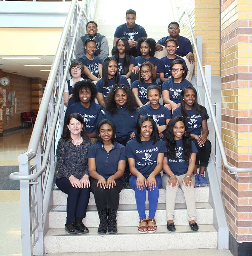 The last staff members of The Southfield Jay voted to change the name of the publication to The Southfield Times in order to reflect the change in school mascot from the Blue Jays to the Warriors.  The editor-in-chief who spearheaded the name change was junior Rayven Malone, who is seated in the front row, third from the left.