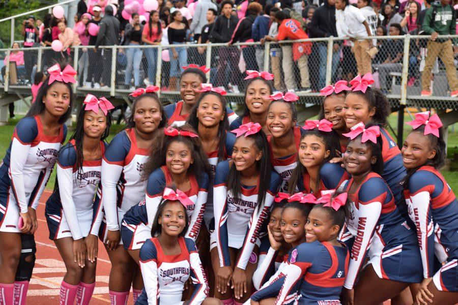 The+Varsity+Cheerleaders+wore+pink+hair+ribbons+to+honor+deceased+classmate+Kara+Allen.+The+visiting+teams+cheerleaders+did+the+same.